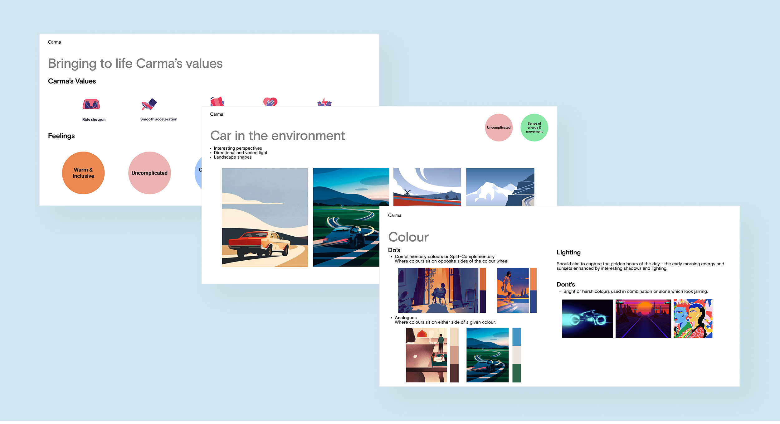 Illustration style guide boards showing Carma's brand values, colour palette, and example scenes on a light blue backdrop.
